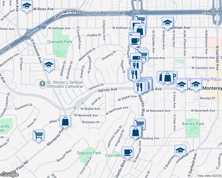 map of restaurants, bars, coffee shops, grocery stores, and more near West Garvey Avenue in Monterey Park