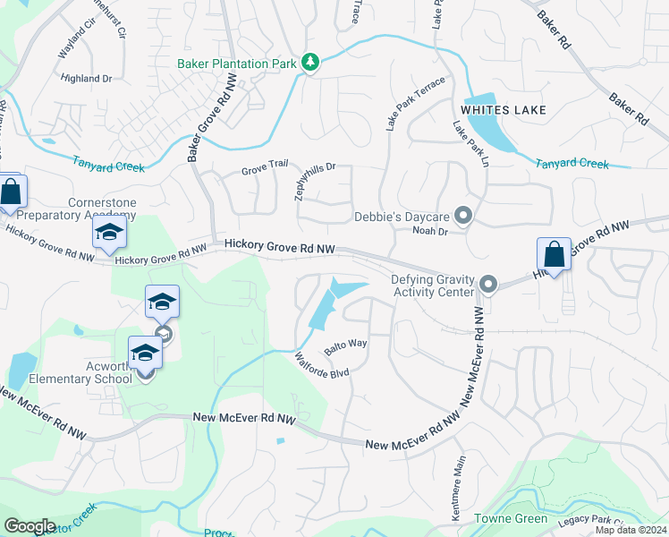 map of restaurants, bars, coffee shops, grocery stores, and more near 3124 Delacorte Drive in Acworth