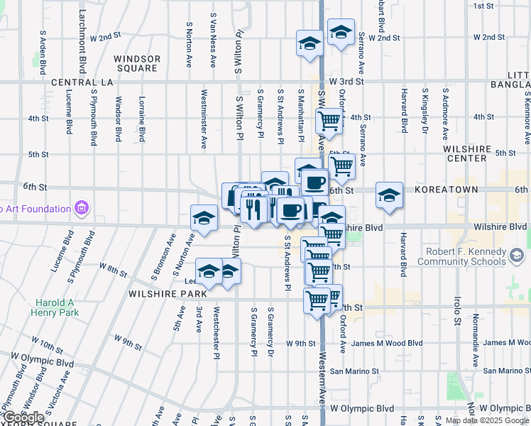 map of restaurants, bars, coffee shops, grocery stores, and more near 634 South Gramercy Place in Los Angeles
