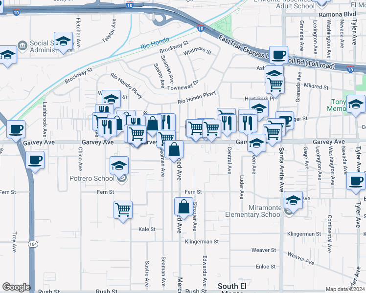 map of restaurants, bars, coffee shops, grocery stores, and more near 10004 Garvey Avenue in El Monte
