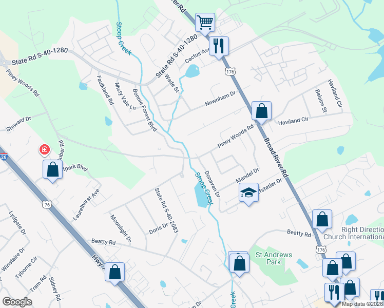 map of restaurants, bars, coffee shops, grocery stores, and more near 1001 Piney Woods Road in Columbia