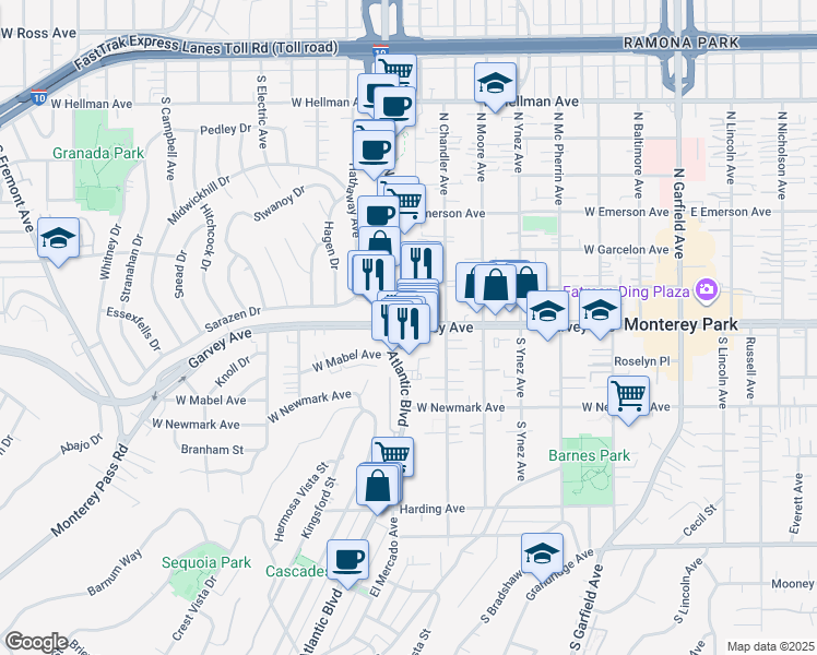 map of restaurants, bars, coffee shops, grocery stores, and more near in Monterey Park