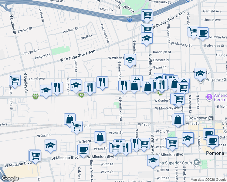 map of restaurants, bars, coffee shops, grocery stores, and more near 857 West Holt Avenue in Pomona