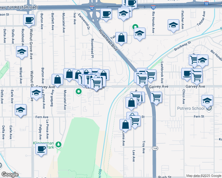 map of restaurants, bars, coffee shops, grocery stores, and more near 9100 Garvey Avenue in Rosemead