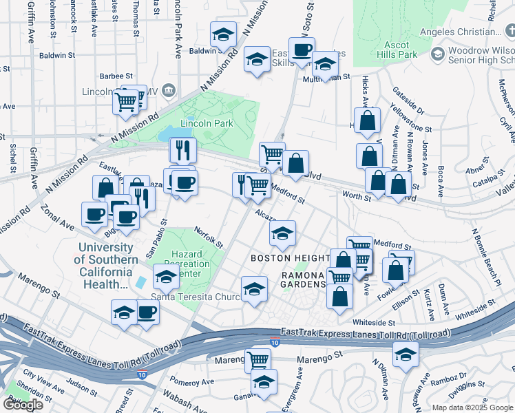 map of restaurants, bars, coffee shops, grocery stores, and more near 1611 Ricardo Street in Los Angeles