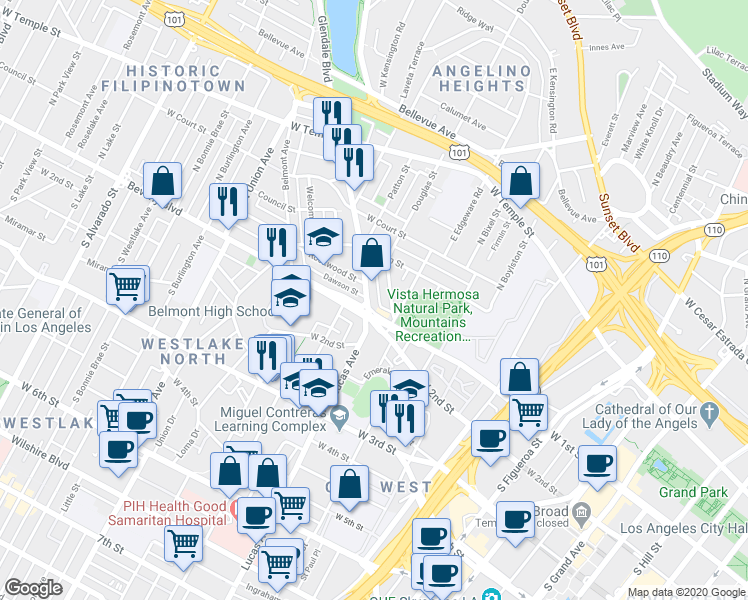 map of restaurants, bars, coffee shops, grocery stores, and more near 1422 Beverly Boulevard in Los Angeles
