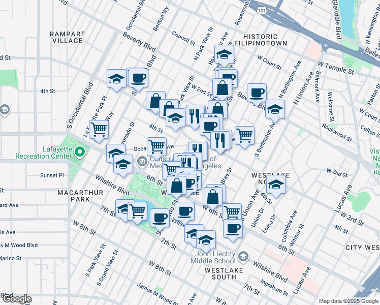 map of restaurants, bars, coffee shops, grocery stores, and more near in Los Angeles