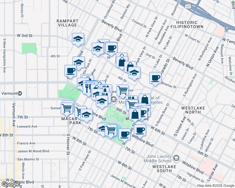 map of restaurants, bars, coffee shops, grocery stores, and more near 512 South Carondelet Street in Los Angeles