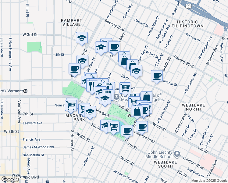map of restaurants, bars, coffee shops, grocery stores, and more near 512 South Carondelet Street in Los Angeles