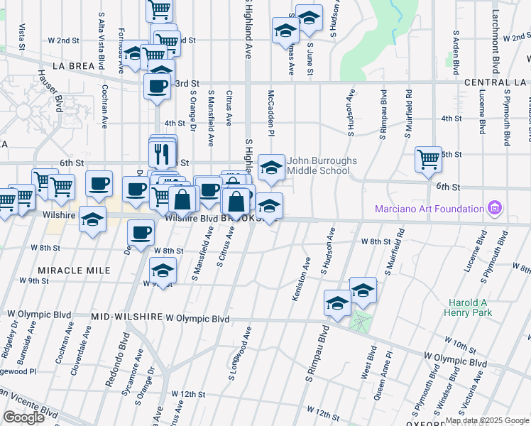 map of restaurants, bars, coffee shops, grocery stores, and more near in Los Angeles
