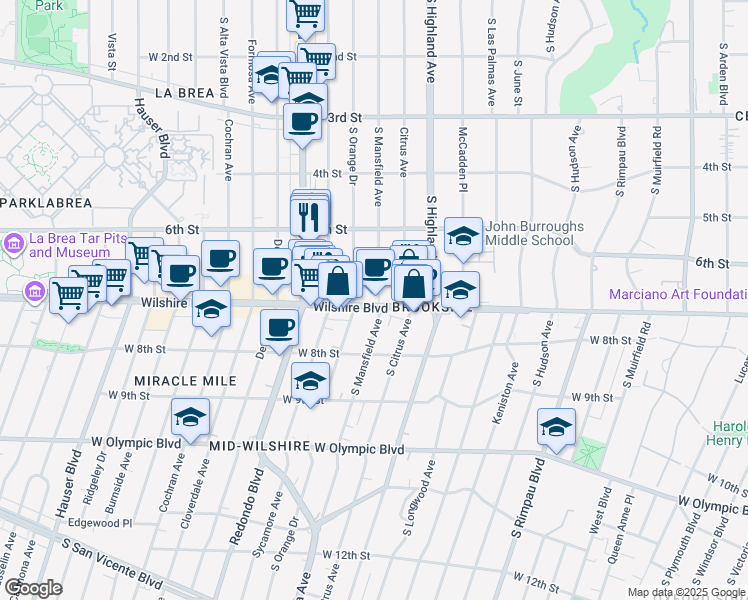 map of restaurants, bars, coffee shops, grocery stores, and more near 5106 Wilshire Boulevard in Los Angeles