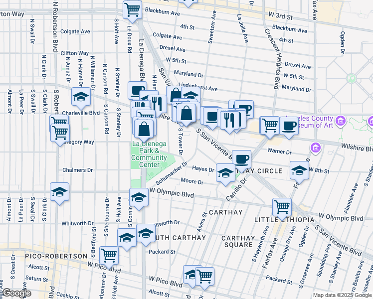 map of restaurants, bars, coffee shops, grocery stores, and more near 258 South Tower Drive in Los Angeles