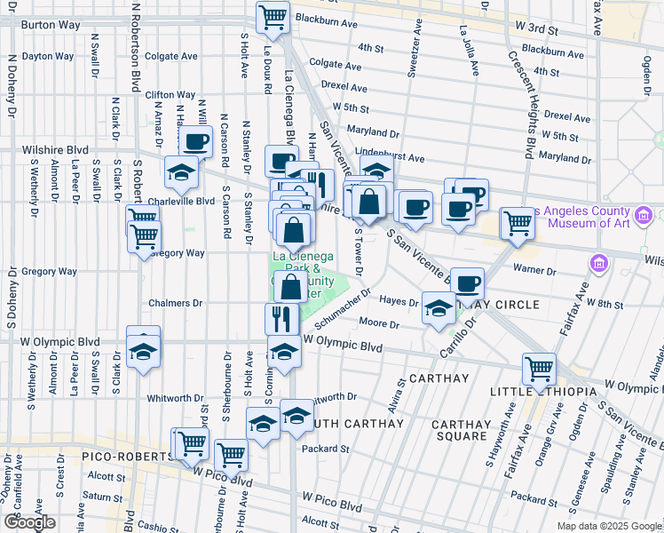 map of restaurants, bars, coffee shops, grocery stores, and more near 8381 Gregory Way in Beverly Hills