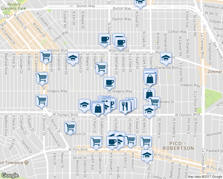 map of restaurants, bars, coffee shops, grocery stores, and more near 301 South Wetherly Drive in Beverly Hills