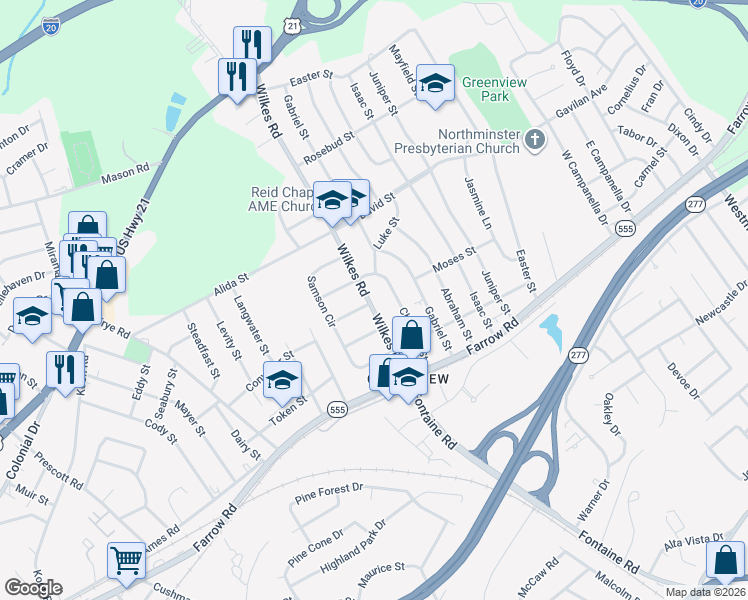 map of restaurants, bars, coffee shops, grocery stores, and more near 308 Wilkes Road in Columbia