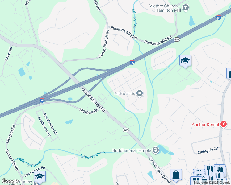 map of restaurants, bars, coffee shops, grocery stores, and more near 2378 Morgan Creek Road in Buford