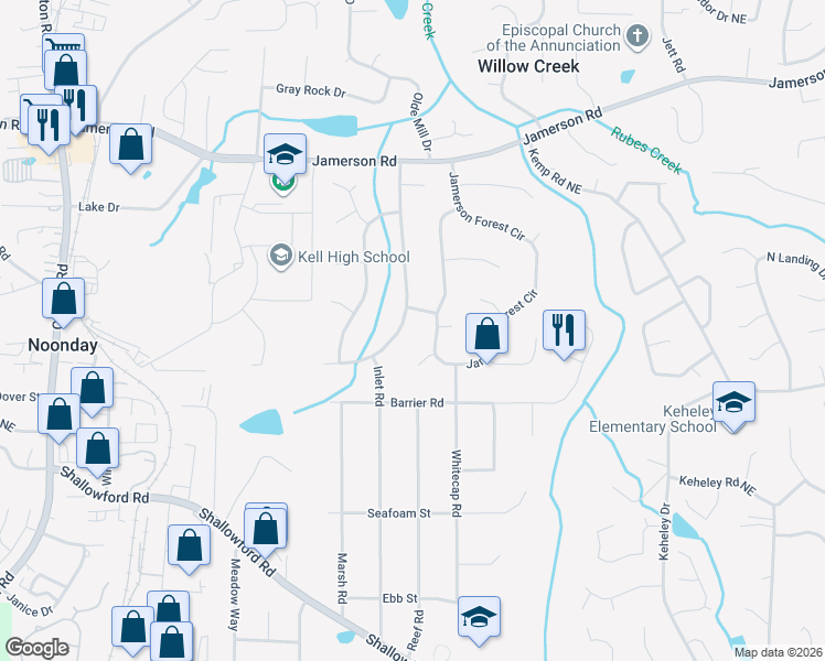 map of restaurants, bars, coffee shops, grocery stores, and more near 4584 Jamerson Forest Parkway in Marietta