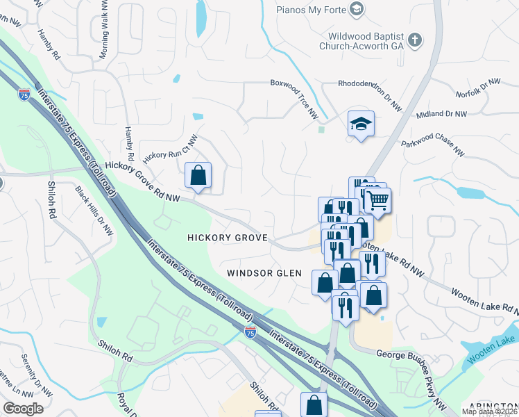 map of restaurants, bars, coffee shops, grocery stores, and more near 4470 Hickory Chase Drive Northwest in Acworth