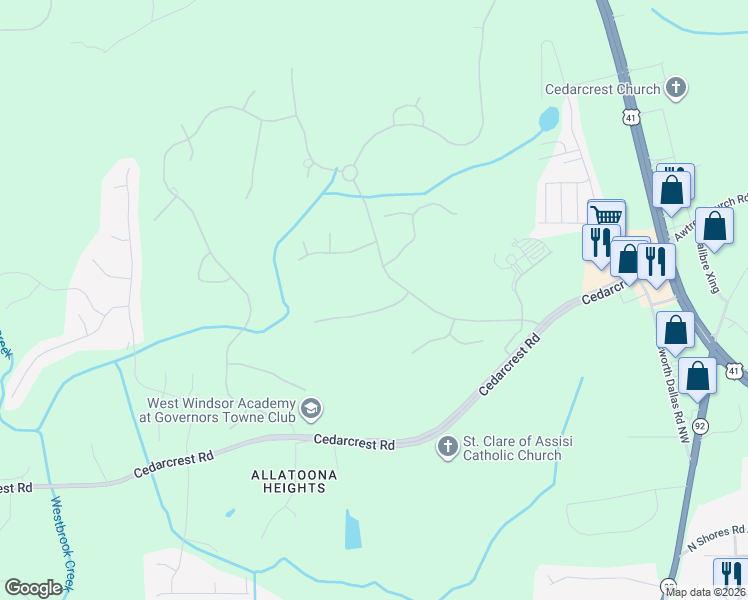 map of restaurants, bars, coffee shops, grocery stores, and more near 6212 Arnall Court in Acworth