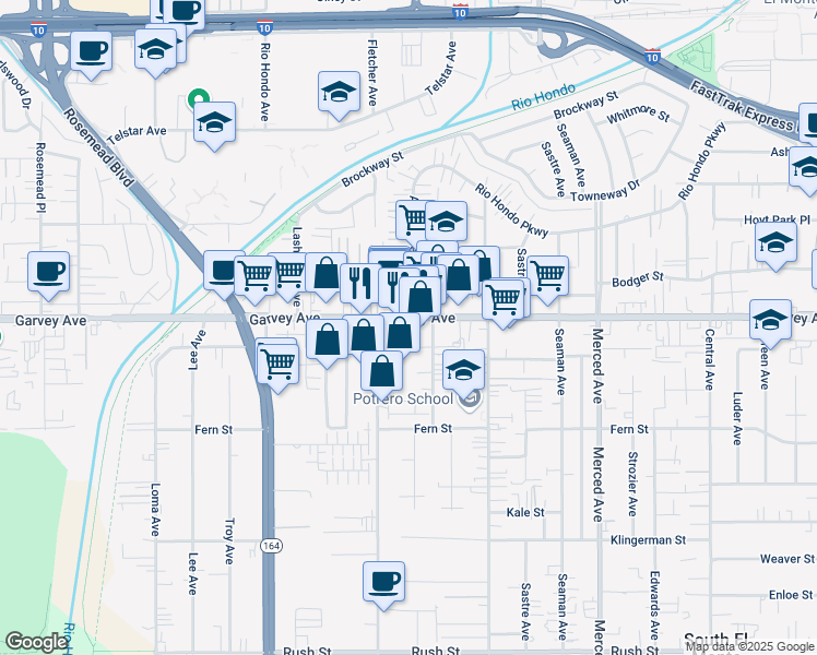 map of restaurants, bars, coffee shops, grocery stores, and more near 9640 Garvey Avenue in South El Monte