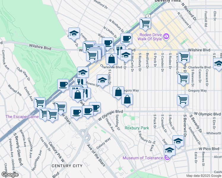 map of restaurants, bars, coffee shops, grocery stores, and more near 268 South Lasky Drive in Beverly Hills