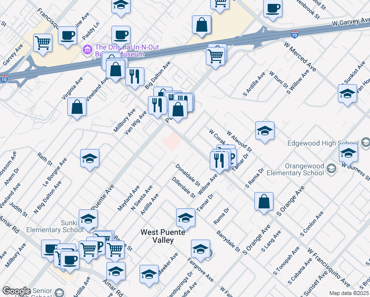 map of restaurants, bars, coffee shops, grocery stores, and more near 14220 Francisquito Avenue in Baldwin Park