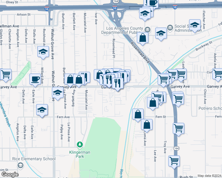 map of restaurants, bars, coffee shops, grocery stores, and more near 8966 Garvey Avenue in Rosemead