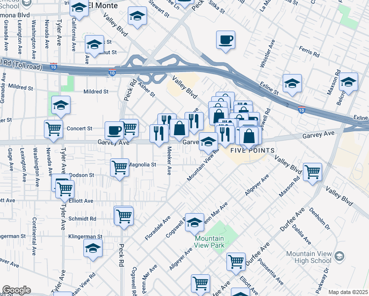 map of restaurants, bars, coffee shops, grocery stores, and more near 11636 Garvey Avenue in El Monte