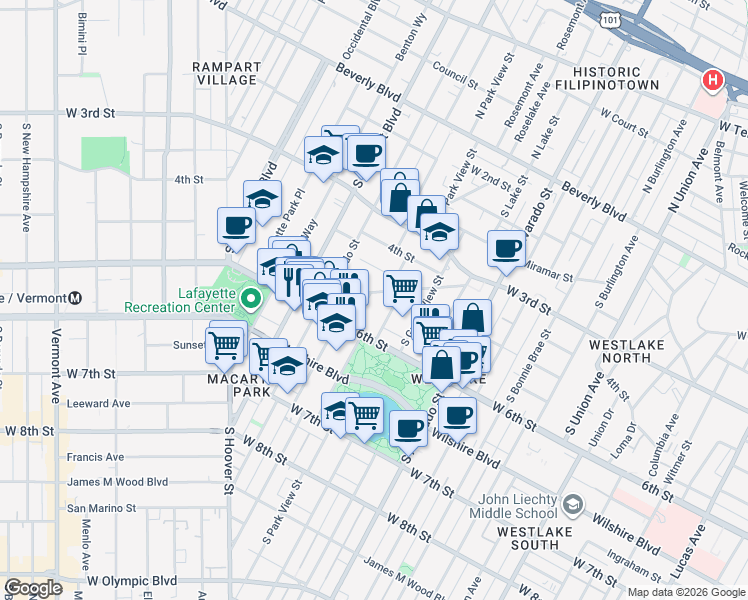 map of restaurants, bars, coffee shops, grocery stores, and more near 2430 Ocean View Avenue in Los Angeles