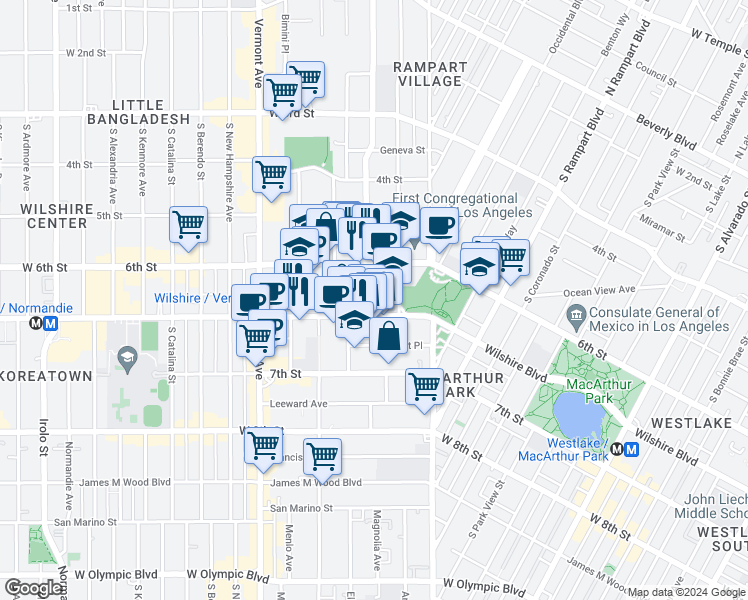 map of restaurants, bars, coffee shops, grocery stores, and more near 2975 Wilshire Boulevard in Los Angeles