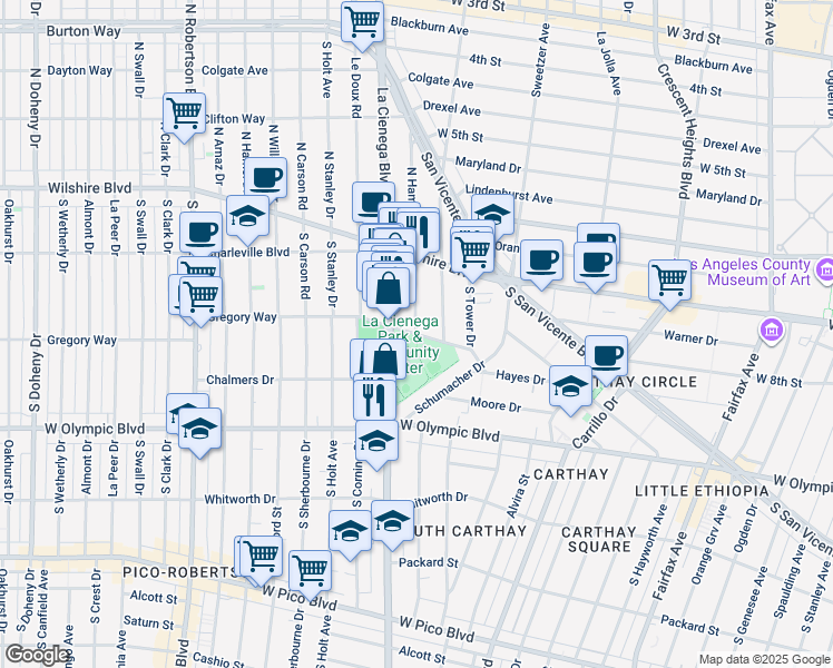 map of restaurants, bars, coffee shops, grocery stores, and more near 290 South Hamilton Drive in Beverly Hills