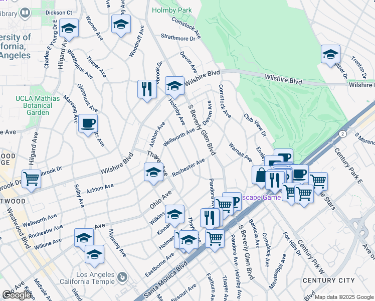 map of restaurants, bars, coffee shops, grocery stores, and more near 1338 Woodruff Avenue in Los Angeles