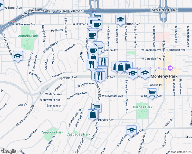 map of restaurants, bars, coffee shops, grocery stores, and more near N Atlantic Blvd & W Garvey Ave in Monterey Park
