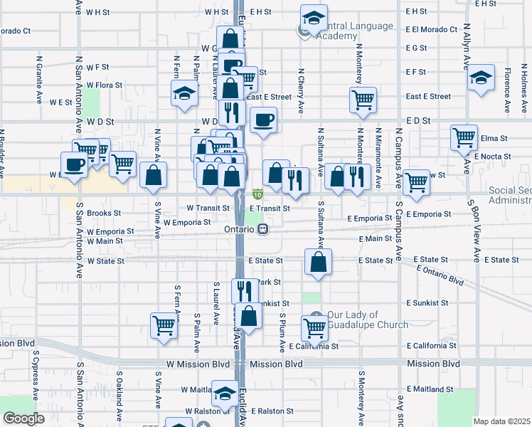 map of restaurants, bars, coffee shops, grocery stores, and more near 203 South Lemon Avenue in Ontario