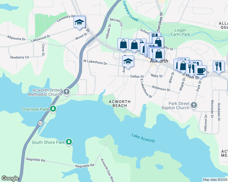 map of restaurants, bars, coffee shops, grocery stores, and more near 4435 Academy St in Acworth