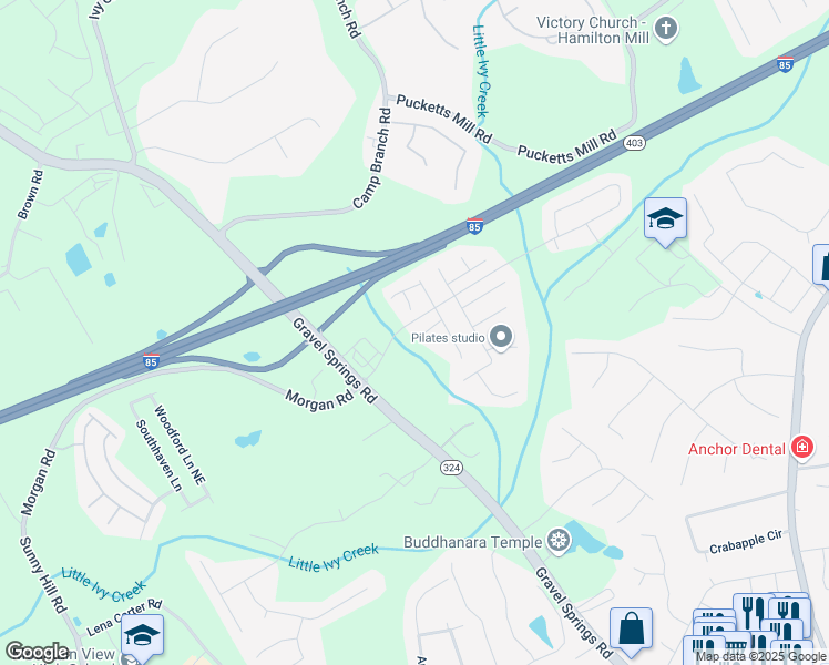 map of restaurants, bars, coffee shops, grocery stores, and more near 2378 Morgan Creek Road in Buford