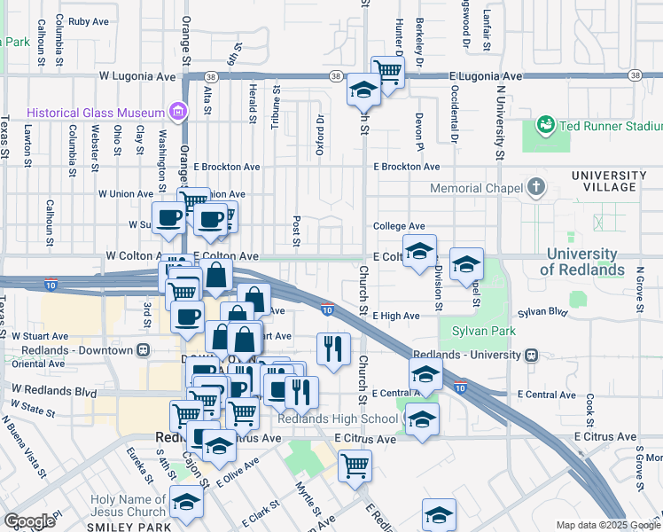 map of restaurants, bars, coffee shops, grocery stores, and more near 610 The Terrace in Redlands