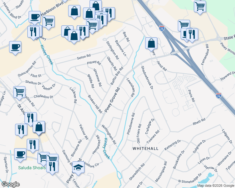 map of restaurants, bars, coffee shops, grocery stores, and more near 276 Piney Grove Road in Columbia