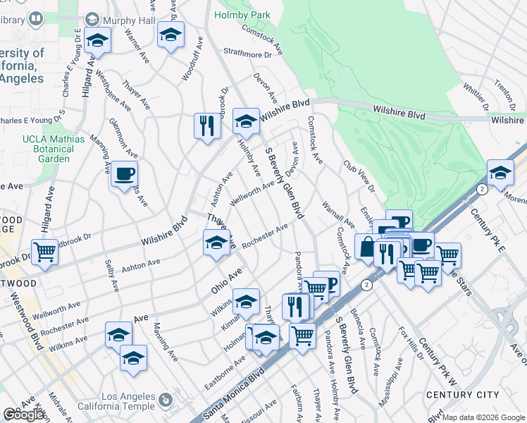 map of restaurants, bars, coffee shops, grocery stores, and more near 1338 Woodruff Avenue in Los Angeles