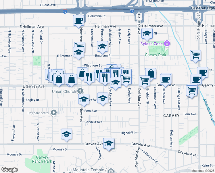 map of restaurants, bars, coffee shops, grocery stores, and more near 7548 Garvey Avenue in Rosemead