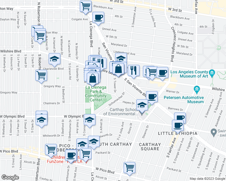 map of restaurants, bars, coffee shops, grocery stores, and more near 235 South Tower Drive in Beverly Hills
