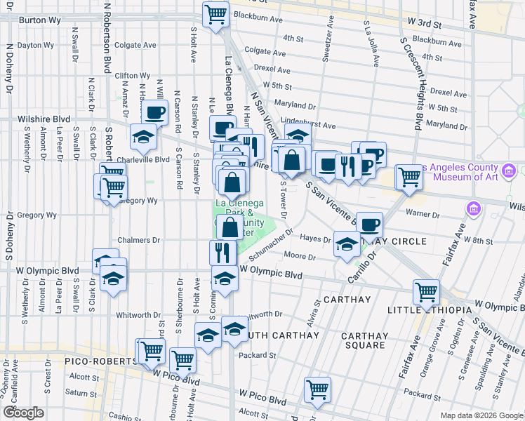 map of restaurants, bars, coffee shops, grocery stores, and more near 235 South Gale Drive in Beverly Hills