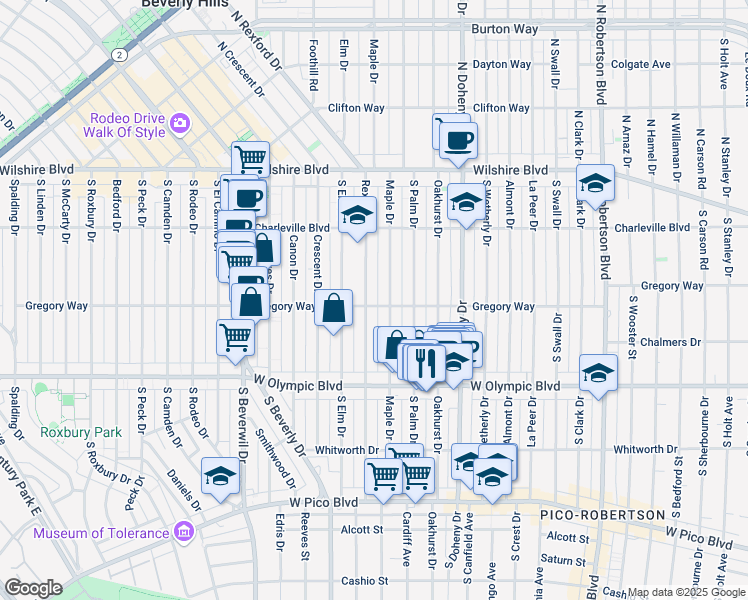 map of restaurants, bars, coffee shops, grocery stores, and more near 272 South Rexford Drive in Beverly Hills