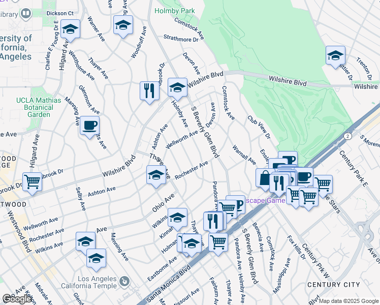 map of restaurants, bars, coffee shops, grocery stores, and more near 1338 Woodruff Avenue in Los Angeles