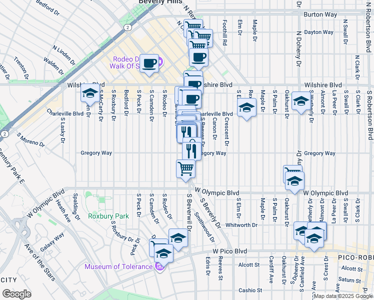map of restaurants, bars, coffee shops, grocery stores, and more near 306 South El Camino Drive in Beverly Hills