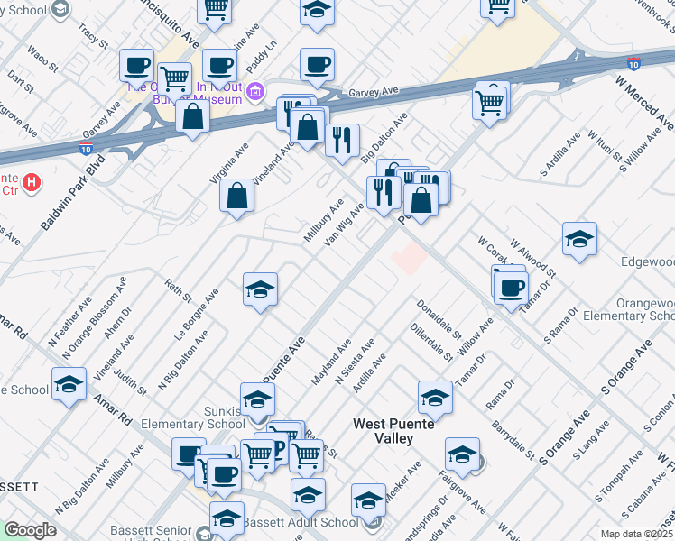 map of restaurants, bars, coffee shops, grocery stores, and more near 14033 Barrydale Street in La Puente