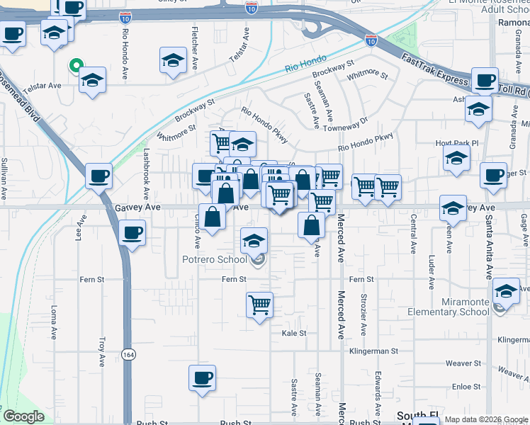 map of restaurants, bars, coffee shops, grocery stores, and more near 9750 Garvey Avenue in South El Monte