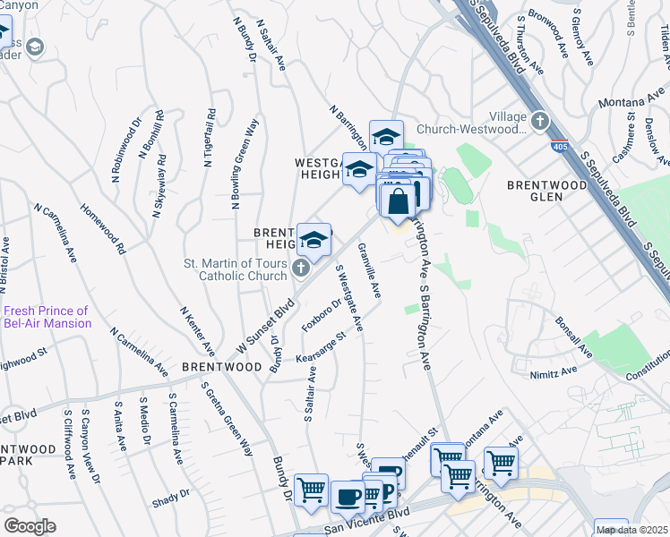 map of restaurants, bars, coffee shops, grocery stores, and more near 11930 West Sunset Boulevard in Los Angeles