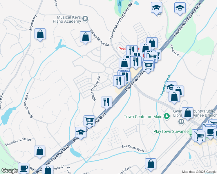 map of restaurants, bars, coffee shops, grocery stores, and more near 746 Village Field Court Northwest in Suwanee