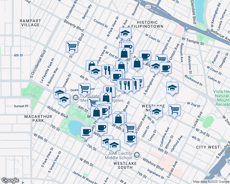map of restaurants, bars, coffee shops, grocery stores, and more near 309 South Westlake Avenue in Los Angeles